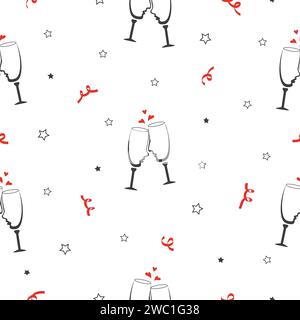 Seamless love pattern. Сhampagne glasses as man and woman in love. Romantic vector illustration Stock Vector
