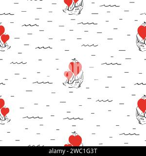 Seamless marine  pattern with ships and heart sails. Love concept Stock Vector