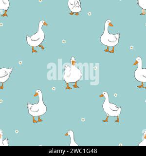 Seamless pattern with cute white ducks. Vector illustration Stock Vector