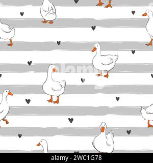 Cute ducks seamless pattern. Vector duck bird illustration on striped background Stock Vector