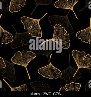 Golden gingko leaf seamless pattern. Vector floral background with gold leaves Stock Vector