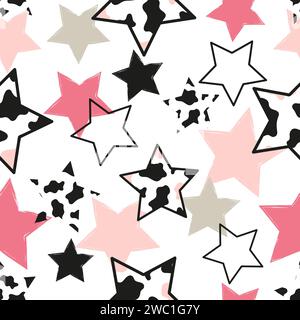 Stars pattern. Vector seamless background with pink and black stars and cow print Stock Vector