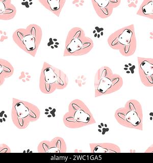 Seamless cute bull terriers pattern. Vector funny dogs and hearts illustration Stock Vector