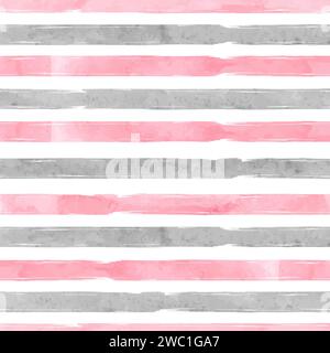 Watercolor horizontal stripes seamless pattern. Striped vector background in pink and grey colors Stock Vector