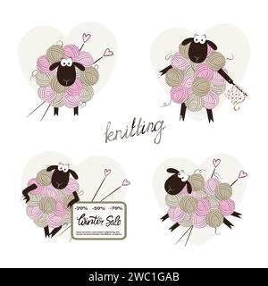 Set of cute sheep made of yarn balls. Vector cartoon knitting illustration Stock Vector