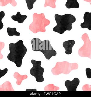 Cow print seamless pattern in pink and black colors. Vector trendy watercolor illustration Stock Vector