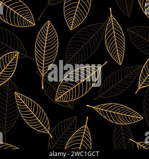 Golden leaves seamless pattern. Vector floral background with gold simple leaf Stock Vector