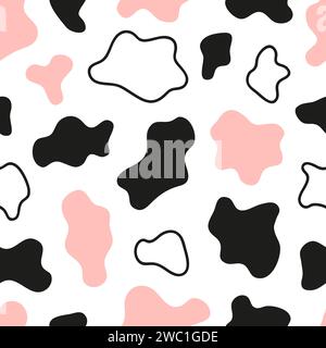 Cow print seamless pattern in pink and black colors. Vector trendy cartoon illustration Stock Vector