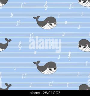 Seamless musical pattern with cute whales and notes. Vector music background for kids Stock Vector