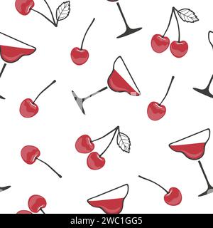 Cherry cocktail seamless pattern. Sweet vector berry drink background. Cocktail party illustration Stock Vector