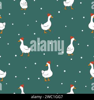 Merry Christmas seamless pattern with cute geese in red hats. Vector winter illustration Stock Vector