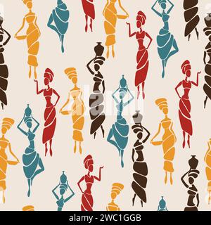 African women silhouettes seamless pattern. Colorful vector illustration Stock Vector
