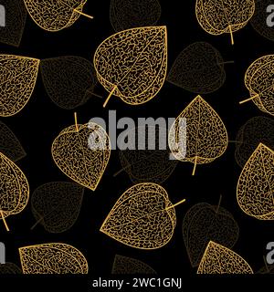 Golden physalis seamless pattern. Vector floral background with gold winter cherry Stock Vector