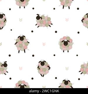 Seamless pattern with funny sheep made of yarn balls. Vector cartoon knitting background Stock Vector
