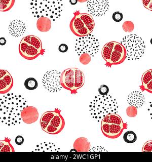 Seamless pomegranate pattern. Vector abstract illustration with fruits and circles Stock Vector