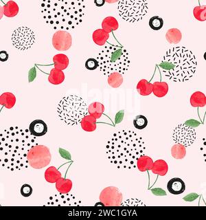 Seamless cherry pattern. Vector abstract background with watercolor berries Stock Vector