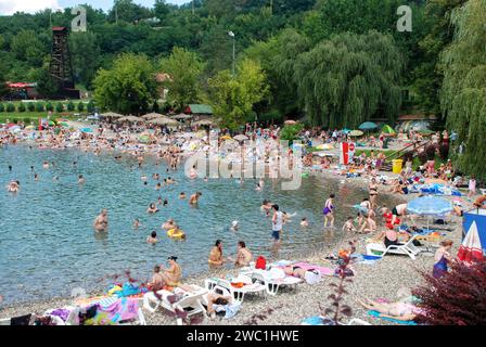 Tuzla, Bosnia and Herzegovina: Pannonian Lakes Complex. Overcrowded open swimming pools during peak of tourist season. Panonska jezera. Stock Photo