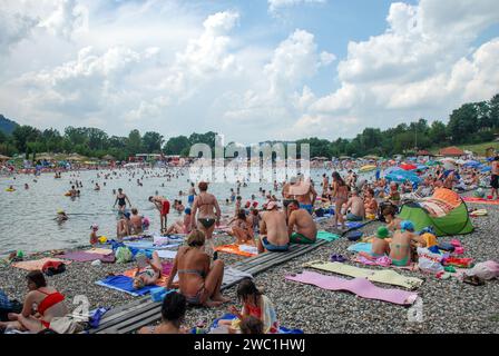 Tuzla, Bosnia and Herzegovina: Pannonian Lakes Complex. Overcrowded open swimming pools during peak of tourist season. Panonska jezera. Stock Photo