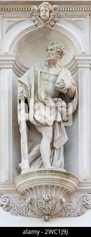 Vicenza - The statue of St. Jude Thaddeus the Apostle on the facade of church Santuario Santa Maria di Monte Berico in the evening light Stock Photo