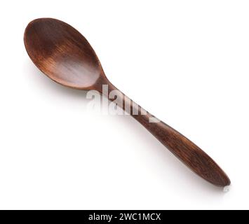 Top view of dark brown wooden teaspoon isolated on white Stock Photo