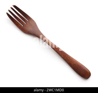 Top view of dark brown wooden fork isolated on white Stock Photo