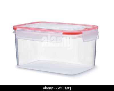 Empty clear reusable plastic storage container isolated on white Stock Photo