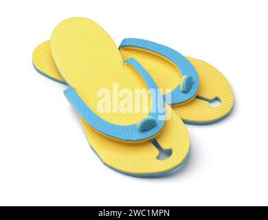 Pair of yellow disposable foam flip flops isolated on white Stock Photo