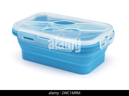 Blue collapsible silicone lunch box with spork isolated on white Stock Photo