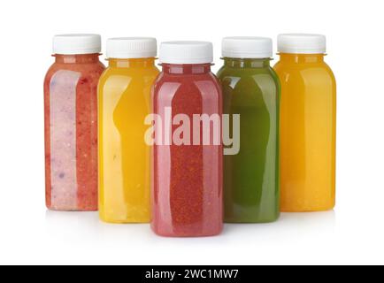 Front view of various fresh fruit smoothie in plastic bottles isolated on white Stock Photo