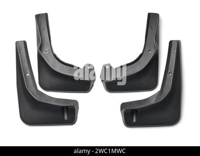 Top view of four new black car mudguard set isolated on white Stock Photo