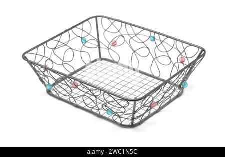 Empty decorative beaded wire basket isolated on white Stock Photo