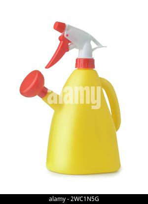 Yellow plastic watering can with spray sprinkler isolated on white Stock Photo