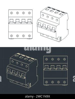 Stylized vector illustrations of blueprints of a circuit breaker Stock Vector