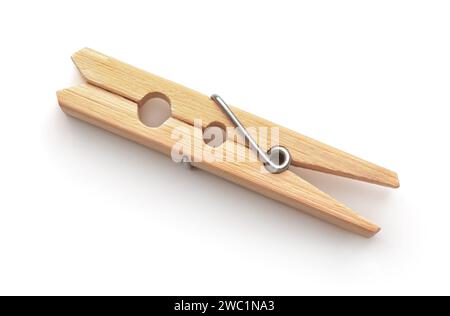 Top view of single wooden clothes peg isolated on white Stock Photo