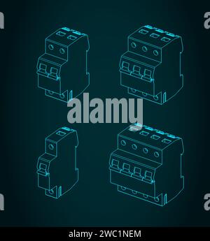 Stylized vector illustrations of blueprints of a circuit breakers Stock Vector