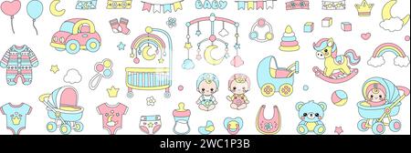 Baby care icon set for newborn girls and boys. Cartoon nursery pastel collection with toys, rocking horse, cradle and clothes for kindergarten. Vector Stock Vector