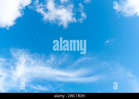 Beautiful blue sky with strange shape of clouds in the morning or evening is used as natural background texture in decorative art work Stock Photo