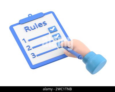 Rules concept. Businessman holding in hand clipboard with regulations. Checklist with requirements. Rule list on blank.3D rendering on white backgroun Stock Photo