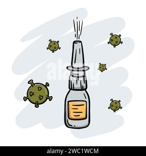 A bottle of runny nose spray and flu viruses flying in the air Stock Vector
