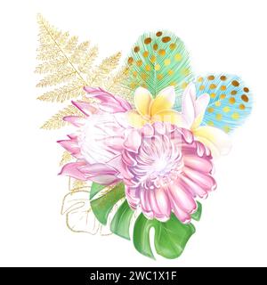 Watercolor bouquet of tropical pink protea flowers, monstera leaves, feathers and evil fern. Composition to create a festive design, invitations. Stock Photo