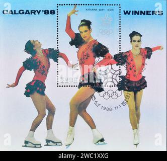 Souvenir Sheet with cancelled postage stamp printed by North Korea, that shows Katarina Witt, Winter Olympic Games 1988 - Calgary - Gold Medal winners Stock Photo
