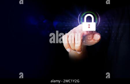 Finger touching a digital security concept on a touch screen with his finger Stock Photo