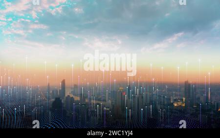 Modern city with wireless network connection and city scape concept. Wireless network and Connection technology concept Stock Photo