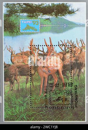 Souvenir Sheet with cancelled postage stamps printed by North Korea, that shows Sika Deer (Cervus nippon), International Stamp Exhibition TAIPEI 93, c Stock Photo