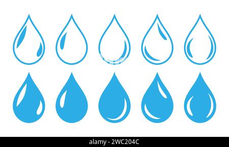 Water drop symbol icon with shine set of five in red color with fill and outline. Water drop shape. Water drops set  isolated on white background. Stock Vector