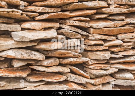 Stone wall made of stone slabs closeup as background Stock Photo