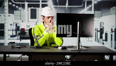 Shocked Engineer In Automated Semiconductor Factory During Ransomware Attack Stock Photo