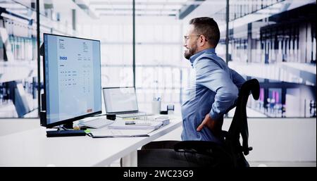 Side View Of Accountant Suffering From Back Pain At Desk In Office Stock Photo