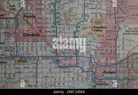 Close up view of a map of the Phoenix, Arizona area on a road atlas, including Tempe, Glendale, and Paradise Valley. Stock Photo