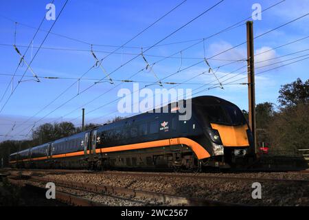 180 Zephyr class train, Grand Central Trains, East Coast Main Line Railway, St Neots town, Cambridgeshire, England, UK Stock Photo